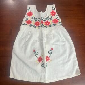 Girl's Handmade Embroidered Mexican Style White Ivory Dress Flowers Pink Green 1